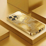Luxury Golden Dragon Metallic Glass Phone Case for iPhone 17, 16, 15, 14, 13, 12, 11 Pro Max, Plus, 17 Air, 16E Cover