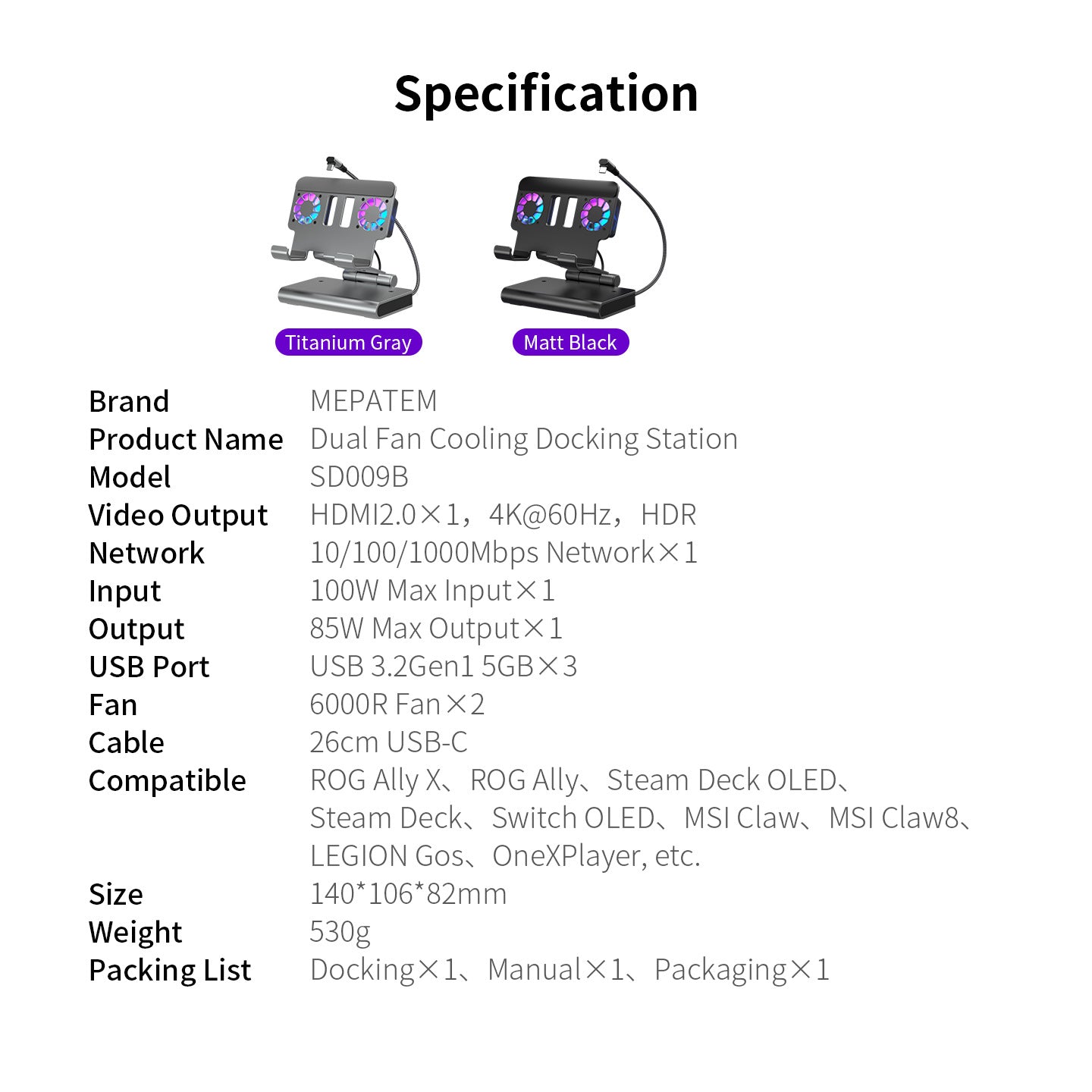 Steam Deck Dock with Dual Fans 4K 60Hz HDMI 100W Fast Charging Gigabit Ethernet Hub All-in-One Cooling Stand for Steam Deck