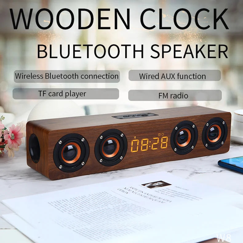 Wireless Bluetooth 5.0 Speaker – Wooden Sound System with Alarm Clock Display, AUX, TF/FM Radio & Subwoofer for Computers