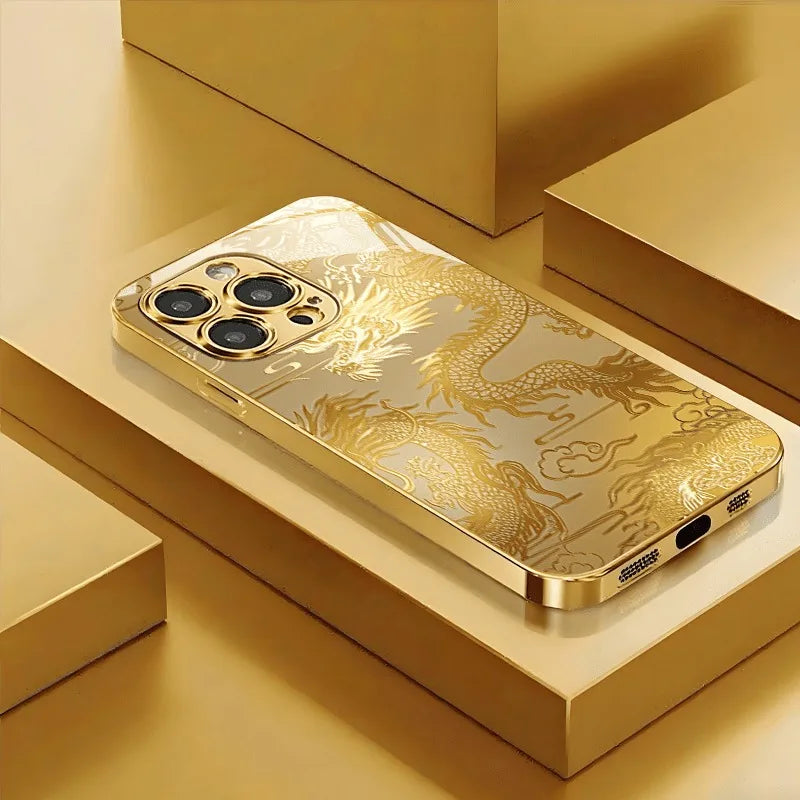Luxury Golden Dragon Metallic Glass Phone Case for iPhone 17, 16, 15, 14, 13, 12, 11 Pro Max, Plus, 17 Air, 16E Cover