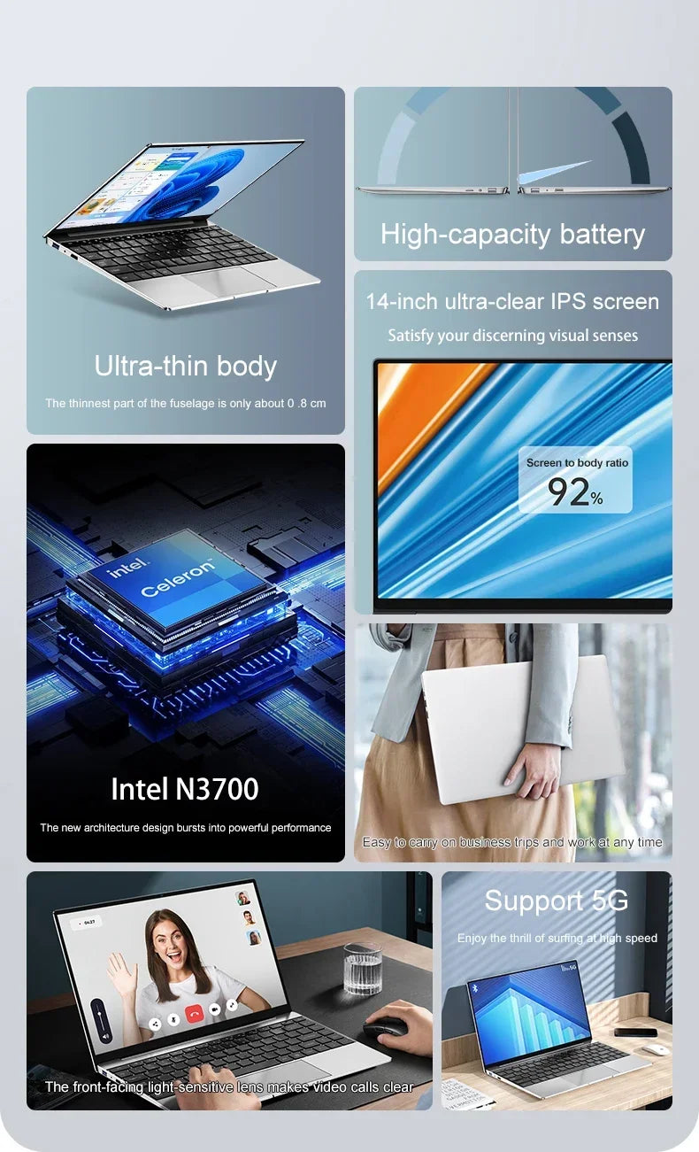 14.1" Ultra Slim Laptop 16GB RAM 2TB SSD Intel N3700 Notebook Gamer Windows 11 1920*1080 Display Office Study Computer PC