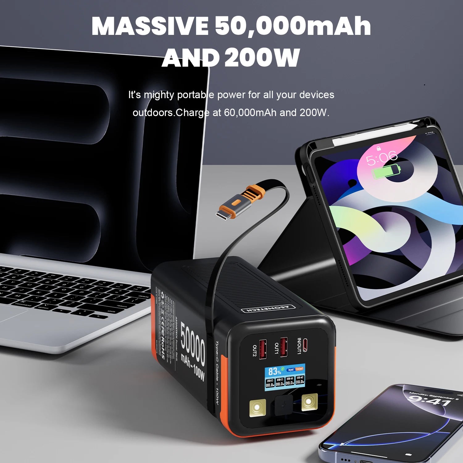 High-Capacity 50000mAh Power Bank – 100W PD PPS Fast Charging with Type-C Built-in Cable for Phones & Laptops