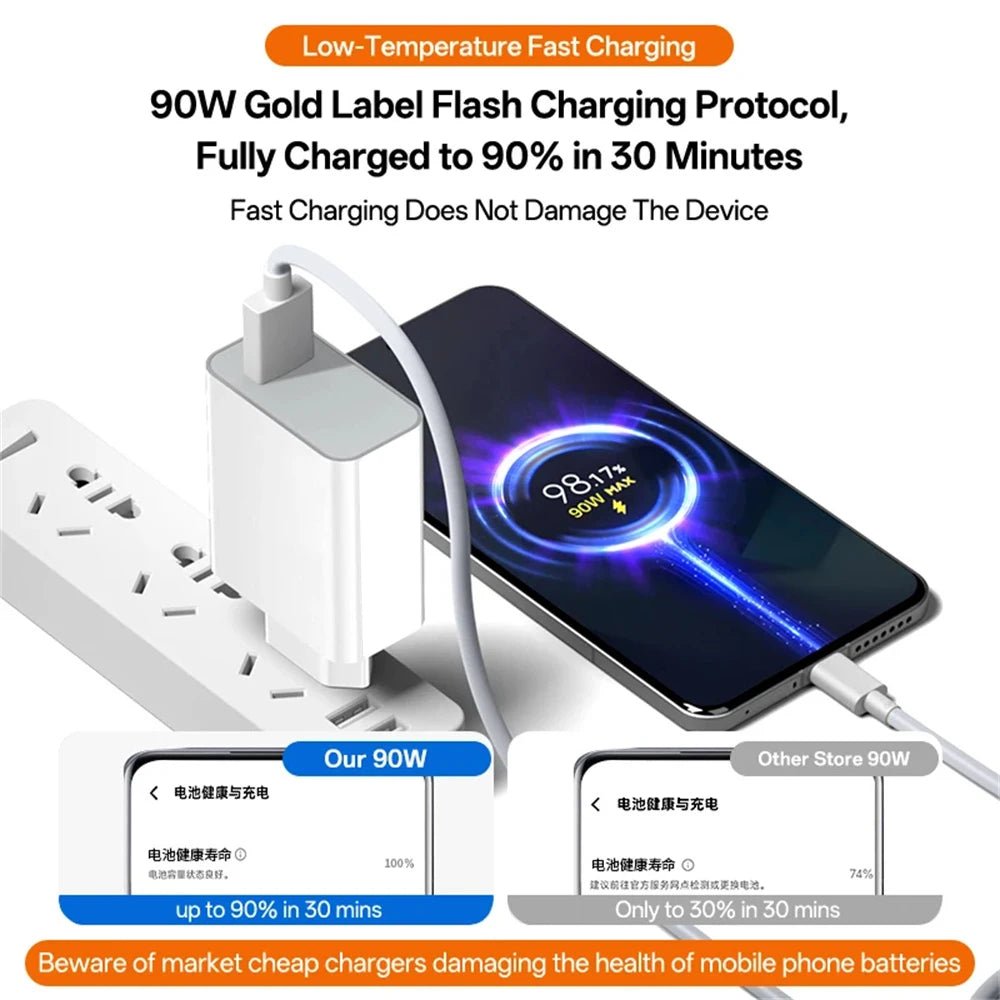 90W Turbo Fast USB Charger Adapter with 6A Type-C Cable for Xiaomi 15 14 13 12 11 10 Ultra, Redmi Note 12T 13 Pro