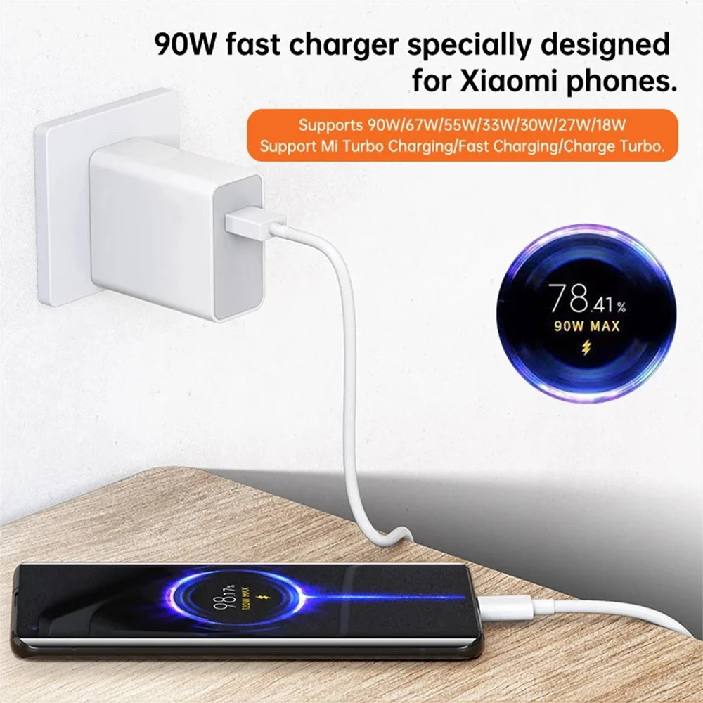 90W Turbo Fast USB Charger Adapter with 6A Type-C Cable for Xiaomi 15 14 13 12 11 10 Ultra, Redmi Note 12T 13 Pro