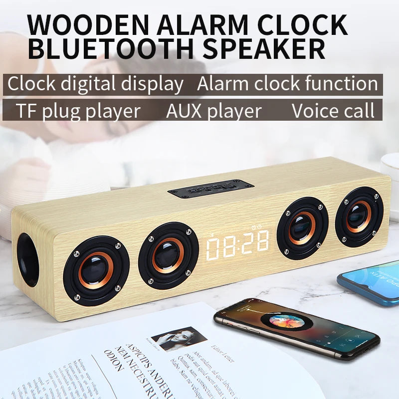 Wireless Bluetooth 5.0 Speaker – Wooden Sound System with Alarm Clock Display, AUX, TF/FM Radio & Subwoofer for Computers