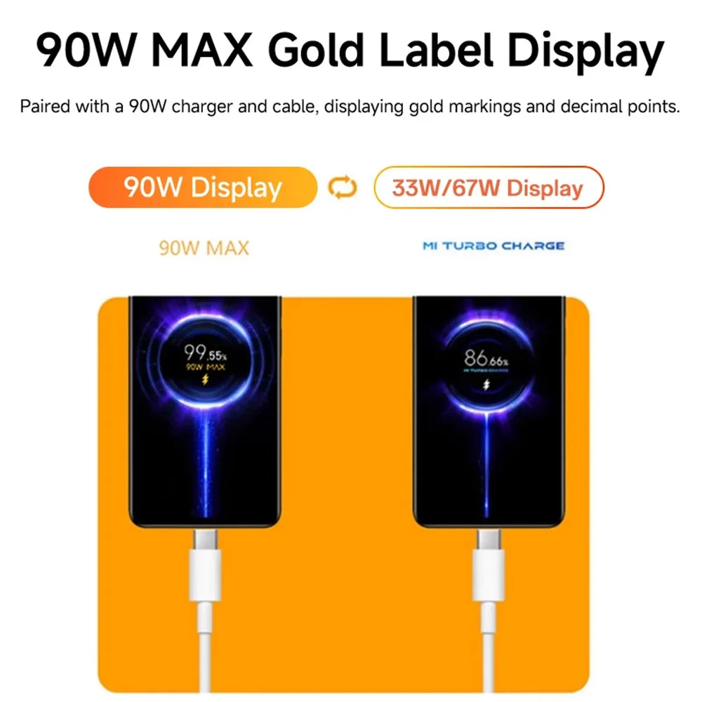 90W Turbo Fast USB Charger Adapter with 6A Type-C Cable for Xiaomi 15 14 13 12 11 10 Ultra, Redmi Note 12T 13 Pro