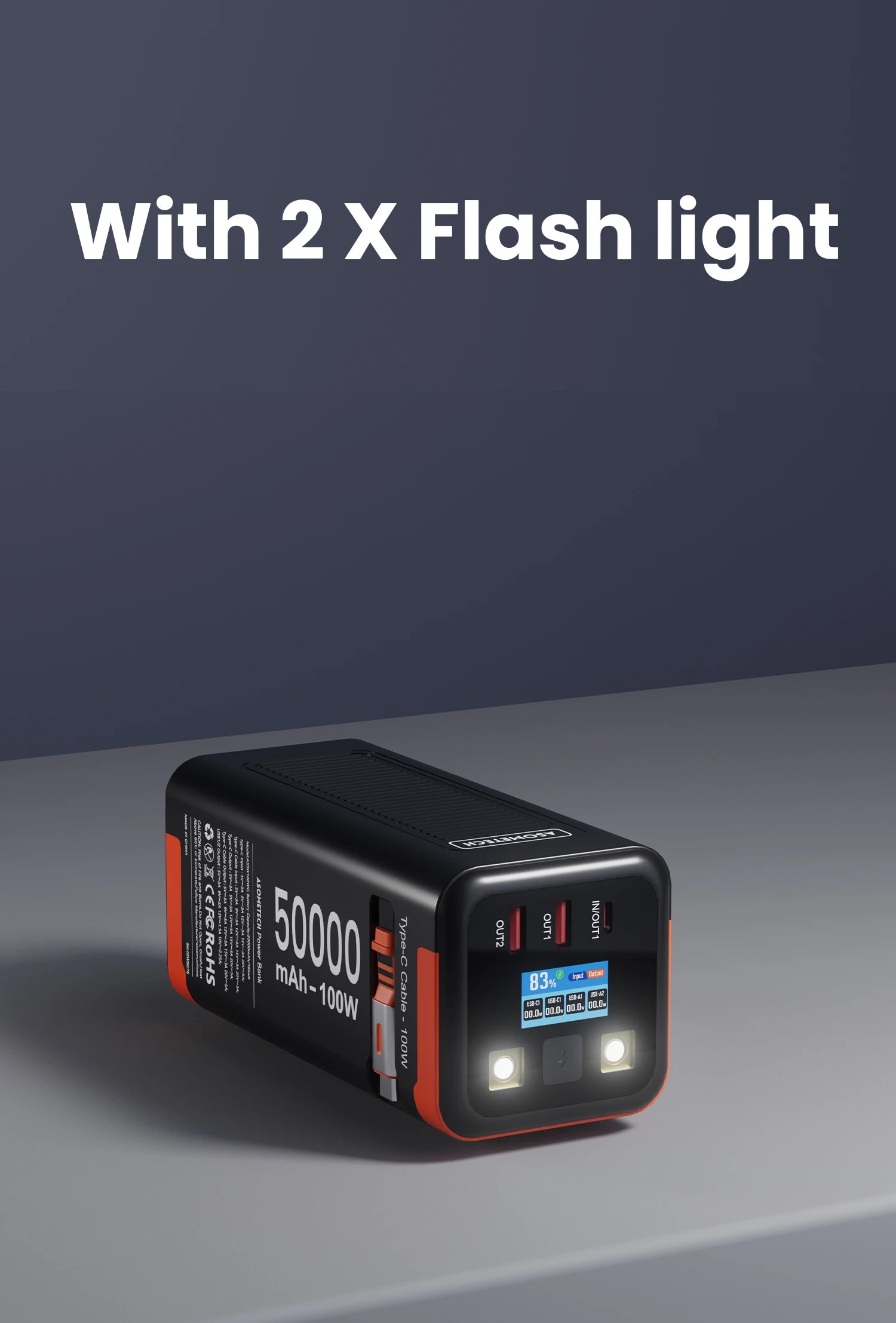 High-Capacity 50000mAh Power Bank – 100W PD PPS Fast Charging with Type-C Built-in Cable for Phones & Laptops