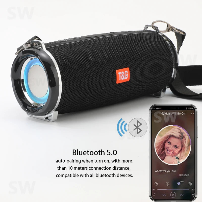 Portable Bluetooth Speaker – Waterproof Outdoor Soundbar with Wireless Subwoofer, LED Light, U Disk & FM Radio
