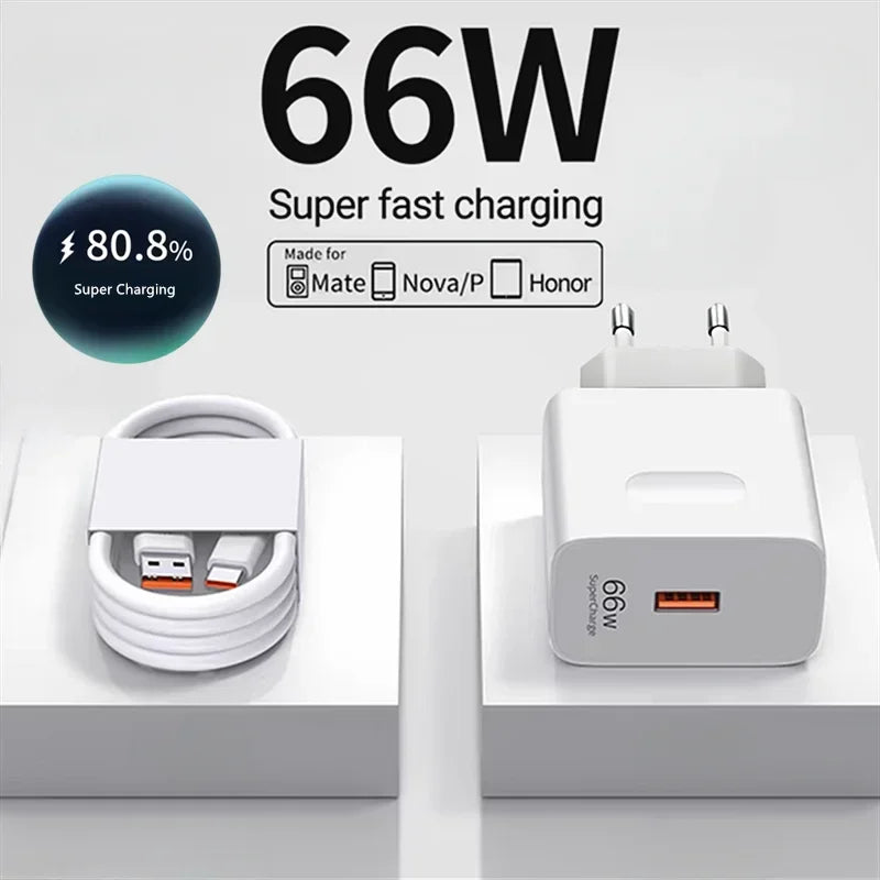 66W USB Fast Charger Quick Charge 3.0 EU Plug Adapter with 6A Type-C Cable for Huawei Mate 50 60, Nova 10, Honor 100, Magic 5