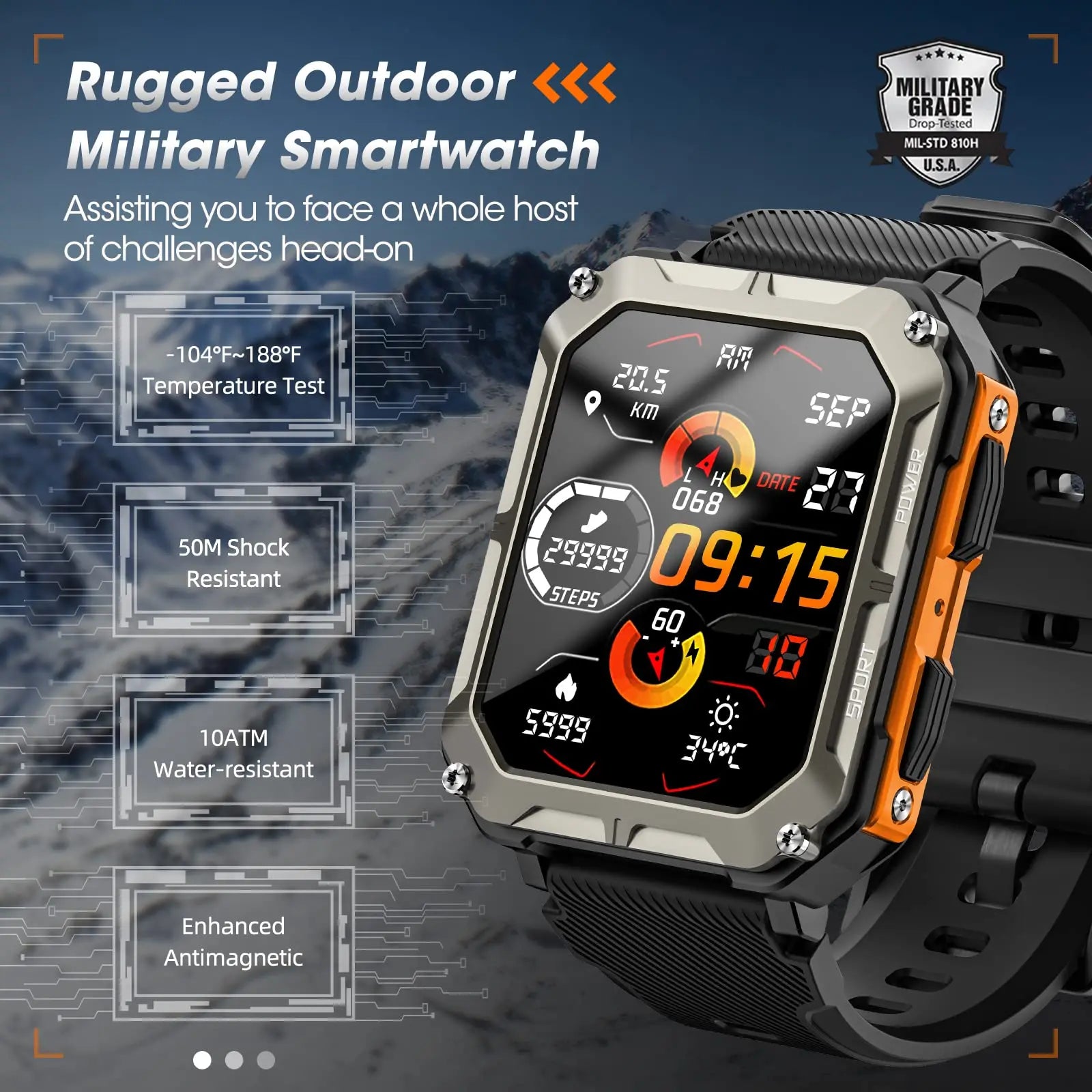 Men’s Smart Watch – Blood Pressure Monitor Tactical Smartwatch, Waterproof Fitness Tracker for Android & iPhone Outdoor Sports