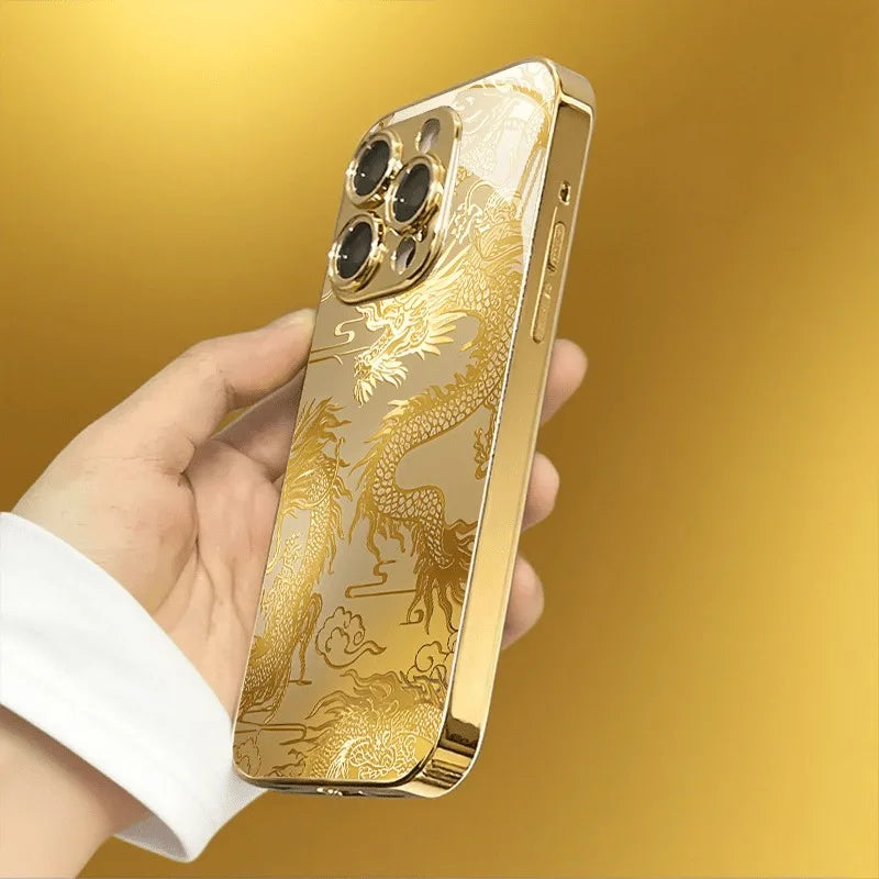 Luxury Golden Dragon Metallic Glass Phone Case for iPhone 17, 16, 15, 14, 13, 12, 11 Pro Max, Plus, 17 Air, 16E Cover