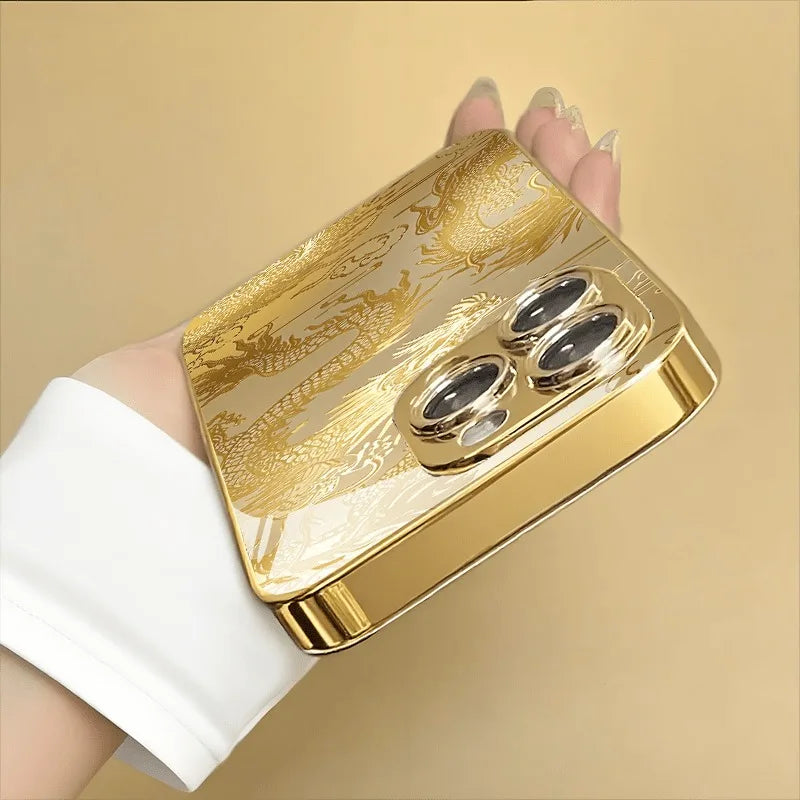 Luxury Golden Dragon Metallic Glass Phone Case for iPhone 17, 16, 15, 14, 13, 12, 11 Pro Max, Plus, 17 Air, 16E Cover
