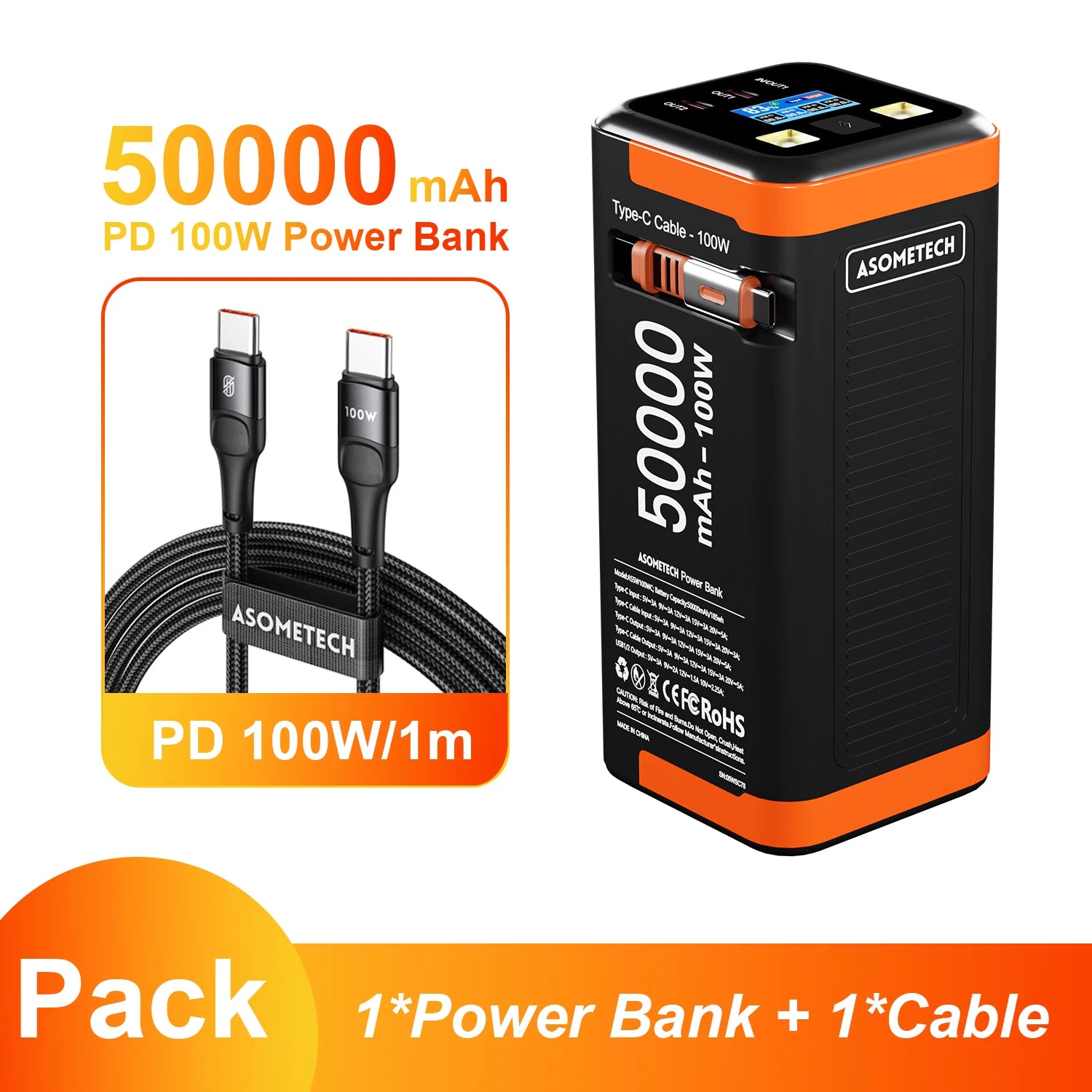 High-Capacity 50000mAh Power Bank – 100W PD PPS Fast Charging with Type-C Built-in Cable for Phones & Laptops