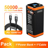 High-Capacity 50000mAh Power Bank – 100W PD PPS Fast Charging with Type-C Built-in Cable for Phones & Laptops