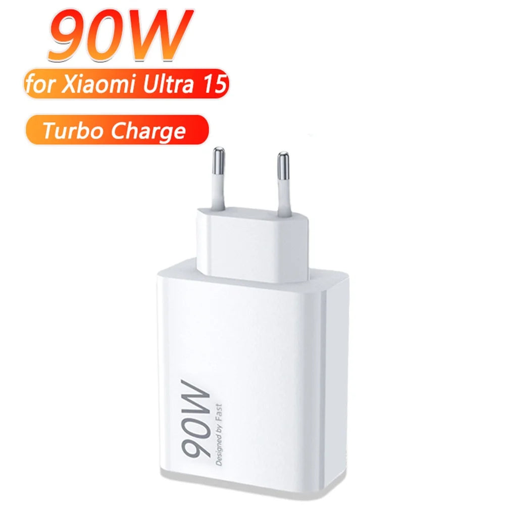 90W Turbo Fast USB Charger Adapter with 6A Type-C Cable for Xiaomi 15 14 13 12 11 10 Ultra, Redmi Note 12T 13 Pro