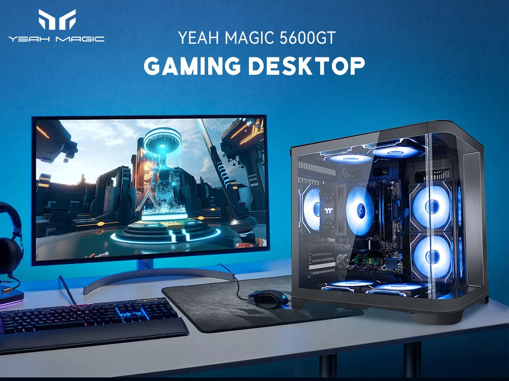 YEAH MAGIC Gaming Desktop AMD Ryzen 5 5600GT 3.9GHz 16GB(8G*2) DDR4 3200 1T NVME SSD ARGB 7 Fans Win 11 Home Gamer Desktop WIFI6