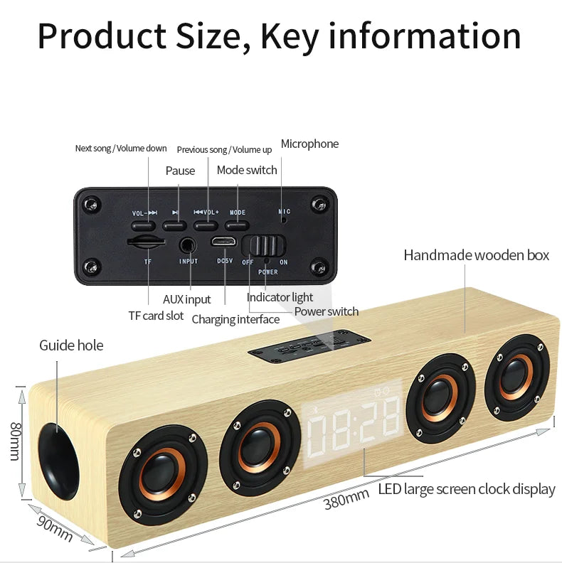 Wireless Bluetooth 5.0 Speaker – Wooden Sound System with Alarm Clock Display, AUX, TF/FM Radio & Subwoofer for Computers