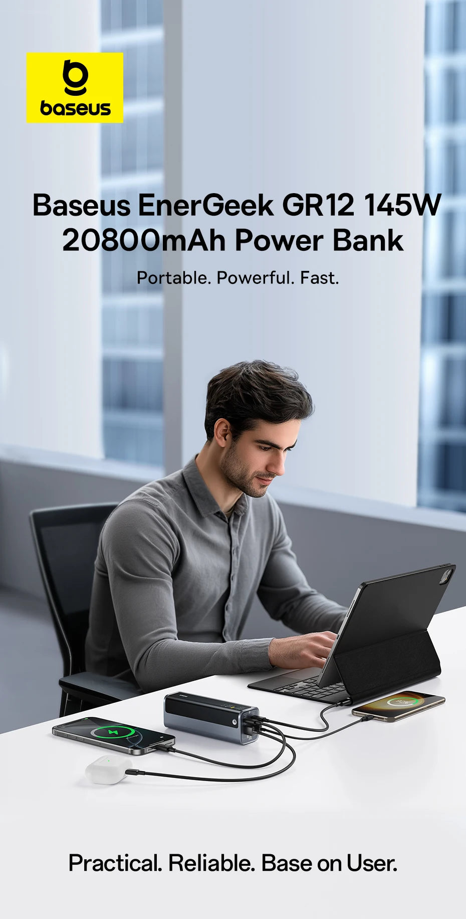 Baseus 145W 20800mAh Power Bank – PD 100W Fast Charging Portable External Battery with Smart Digital Display for Laptop & Phone