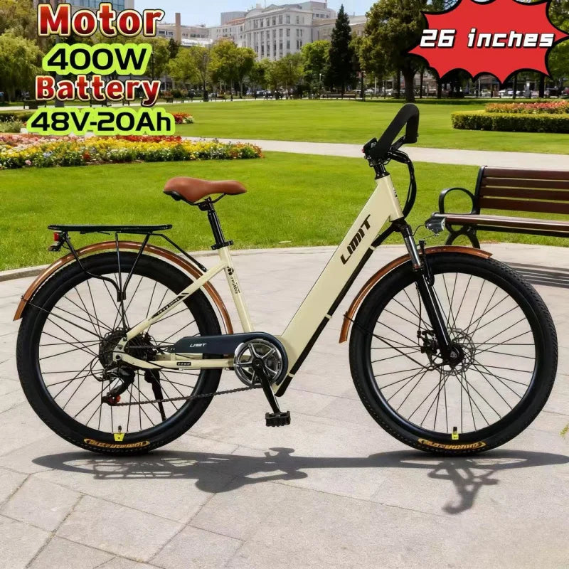 New fashionable E-bike, 26-inch urban commuter electric bicycle for adults, 400W brushless motor, 48V20AH battery electric moped