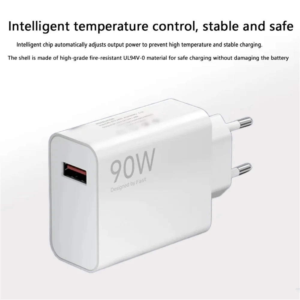 90W Turbo Fast USB Charger Adapter with 6A Type-C Cable for Xiaomi 15 14 13 12 11 10 Ultra, Redmi Note 12T 13 Pro
