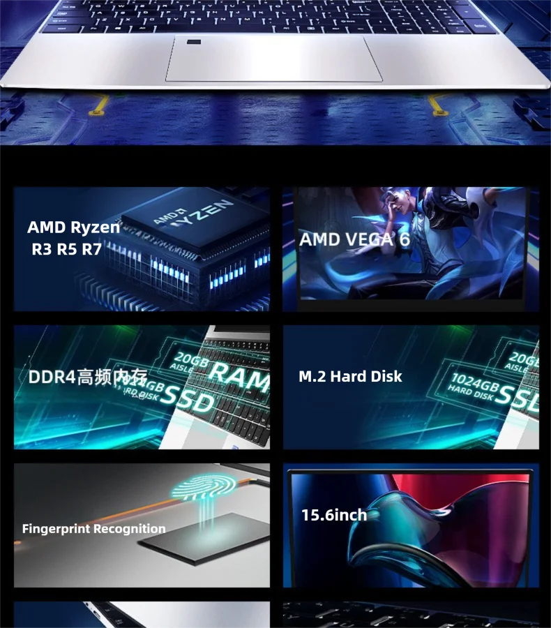 AMD Ryzen R5 R7 Laptop 15.6 Inch IPS Screen Gaming Laptops Portable notbook computer pc Windows11 Fingerprint cheap price deal