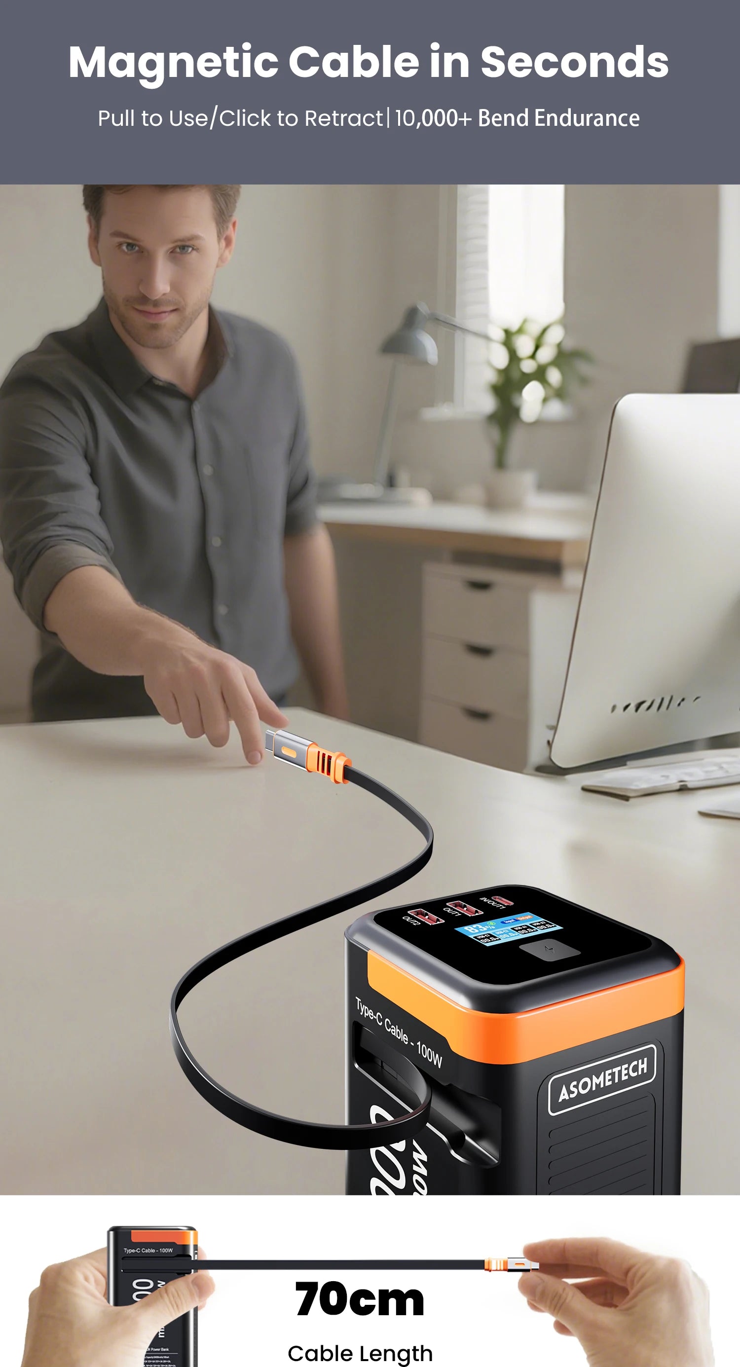 High-Capacity 50000mAh Power Bank – 100W PD PPS Fast Charging with Type-C Built-in Cable for Phones & Laptops