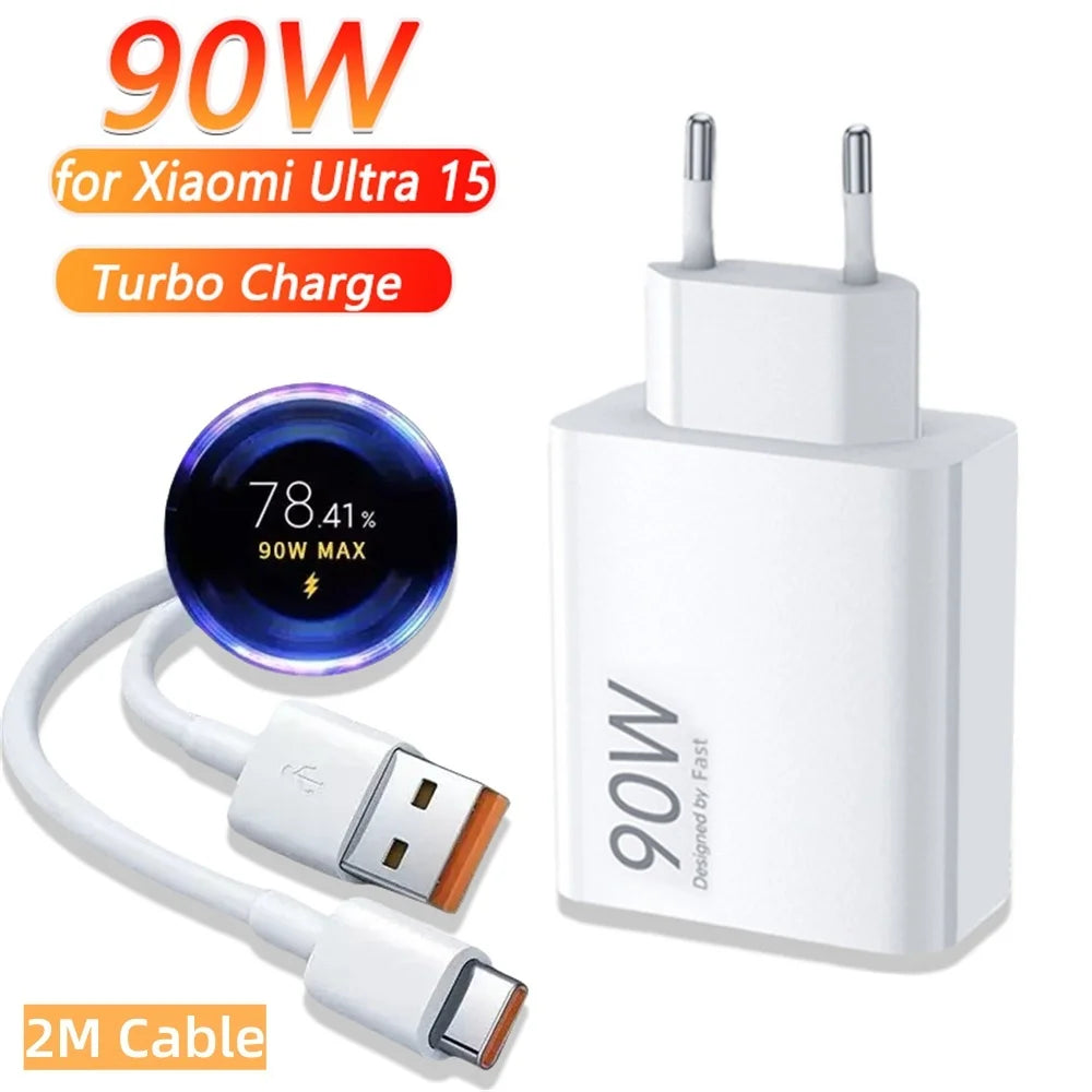 90W Turbo Fast USB Charger Adapter with 6A Type-C Cable for Xiaomi 15 14 13 12 11 10 Ultra, Redmi Note 12T 13 Pro