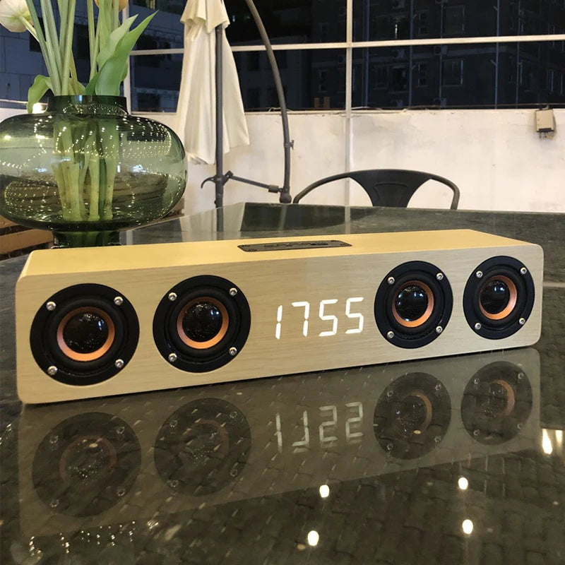 Wireless Bluetooth 5.0 Speaker – Wooden Sound System with Alarm Clock Display, AUX, TF/FM Radio & Subwoofer for Computers