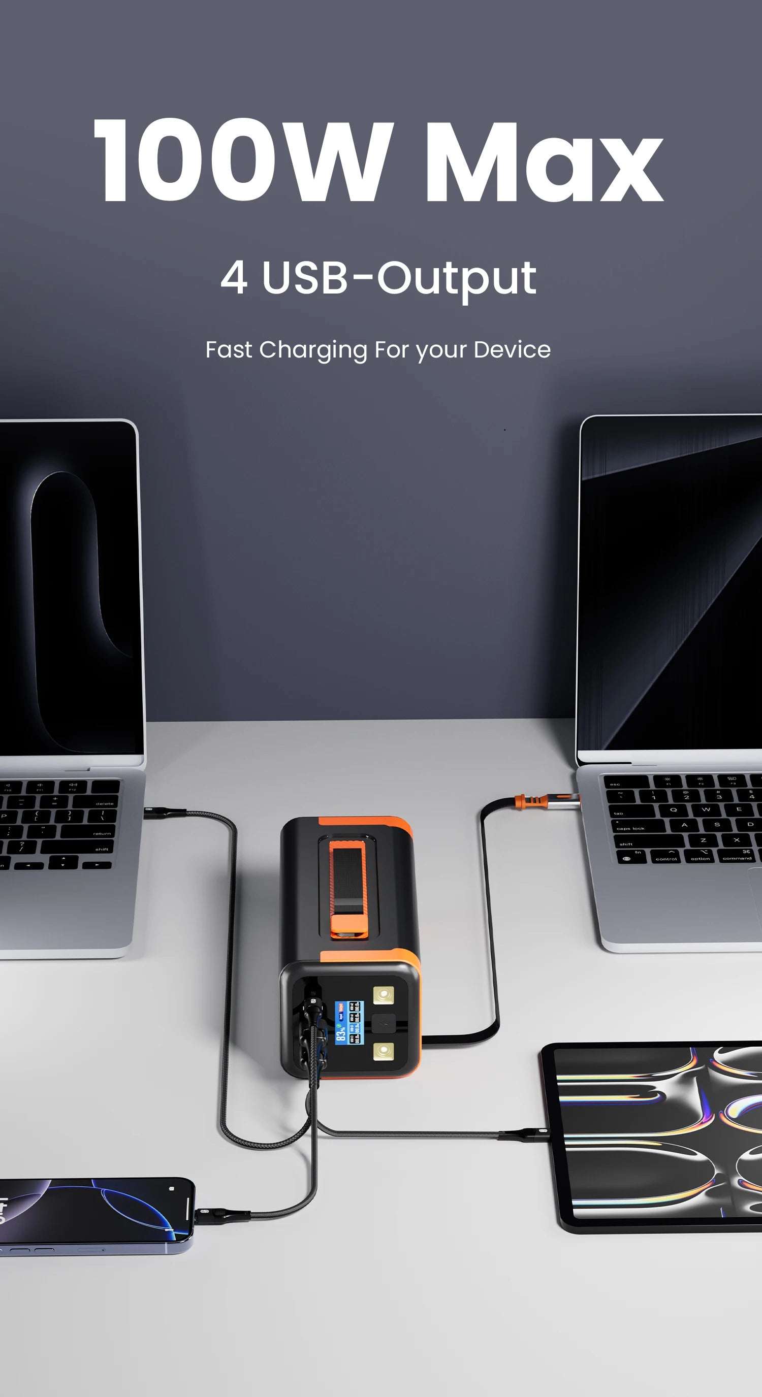 High-Capacity 50000mAh Power Bank – 100W PD PPS Fast Charging with Type-C Built-in Cable for Phones & Laptops