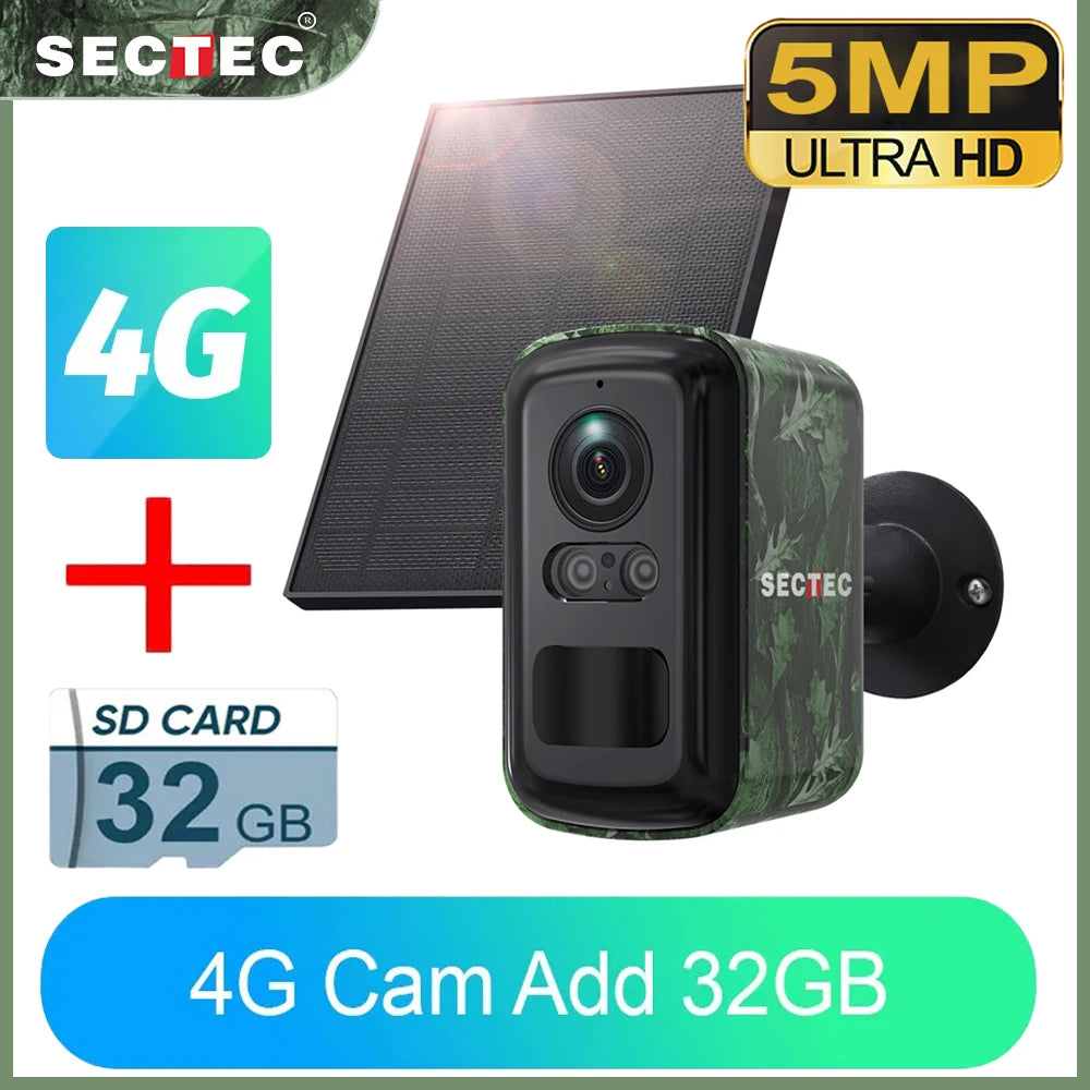 Sectec 5MP Mini Solar 4G Camera Outdoor Surveillance Camouflage Color WiFi Security  Camera PIR Detection Auto Tracking UBox App