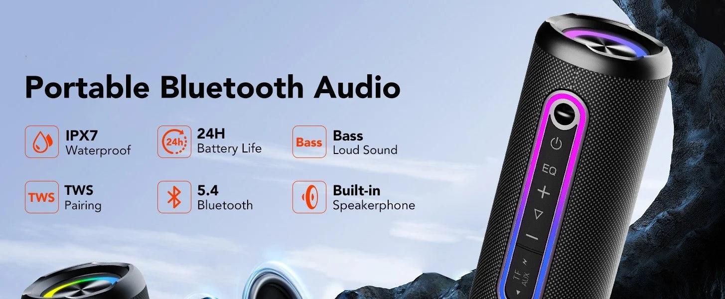 Portable Bluetooth Speaker – 30W Loud Stereo, BT5.4, IPX7 Waterproof, 24H Playtime Wireless Speaker