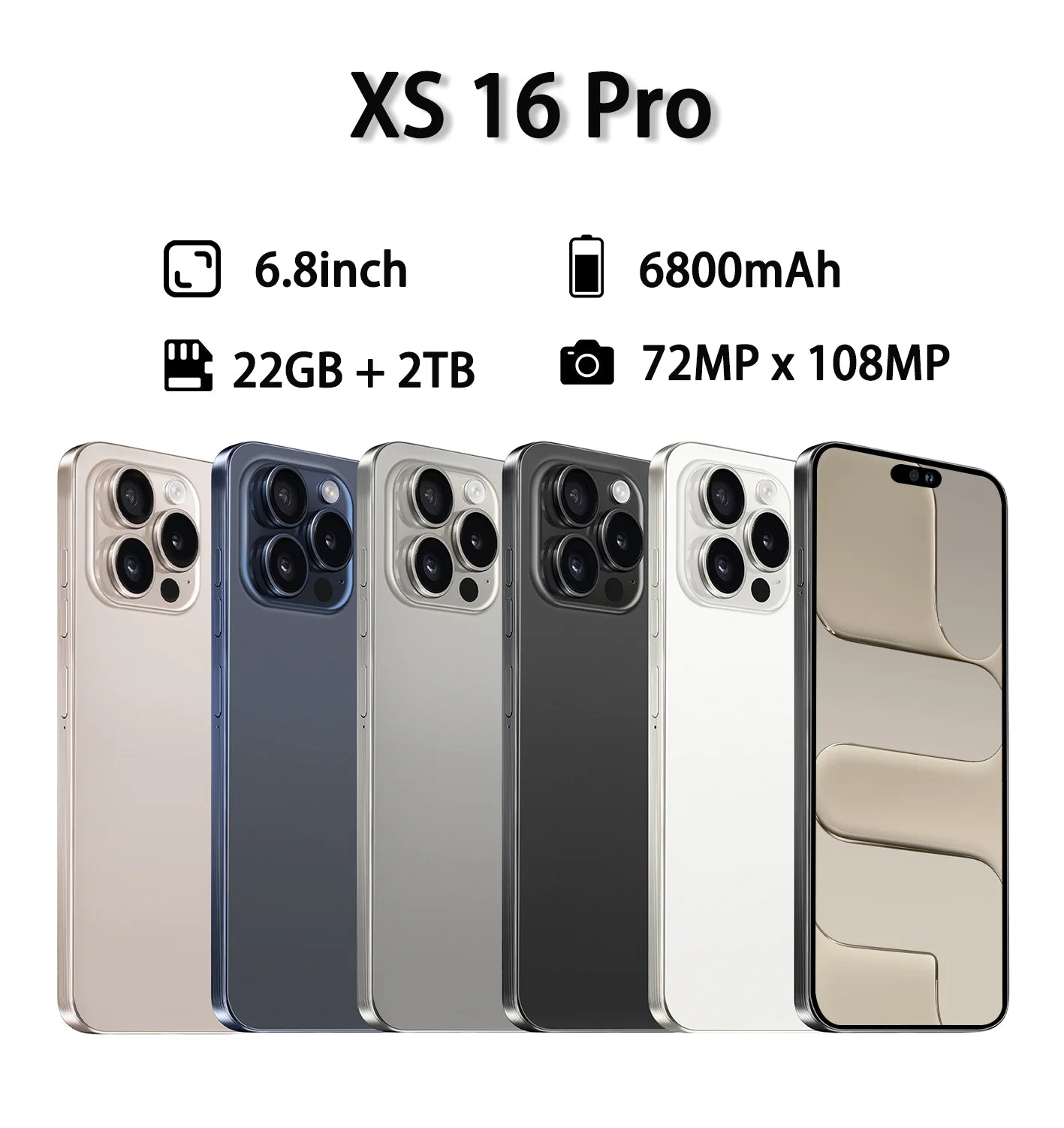 Phone Case for XS 16 Pro Global Edition – 6800mAh Battery, 22GB RAM, 2TB Storage, 6.8” HD, Dual SIM, Android 5G