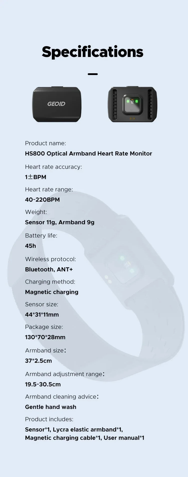 GEOID Armband Heart Rate Monitor HS800 – Fitness Tracker HR Sensor for Exercise, Cycling, Yoga & Sports (HS500 Compatible)