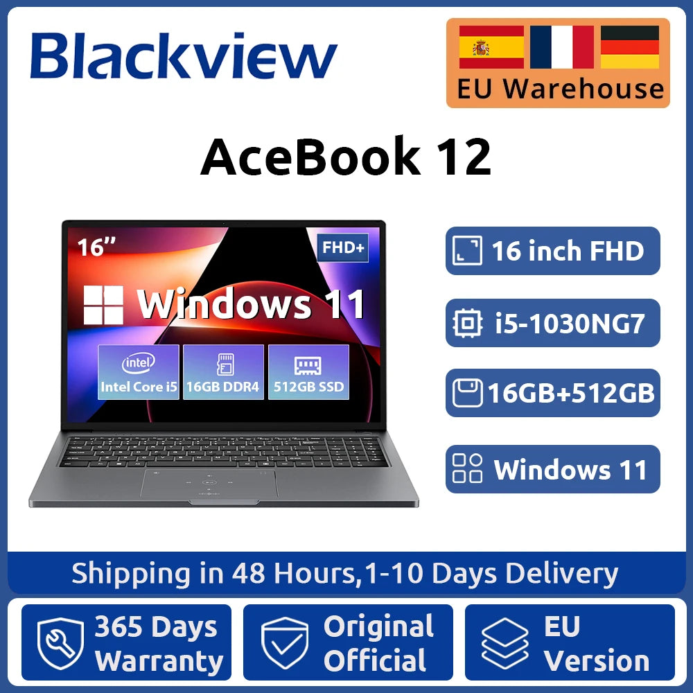 Blackview AceBook 12 Win 11 Laptop 16'' FHD IPS , Intel I5-1030NG7 Notebook, 16GB RAM 512GB SSD, 2-in-1 Fingerprint Power Button