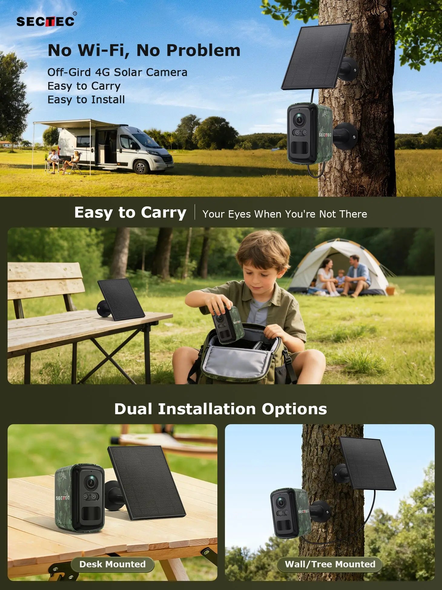 Sectec 5MP Mini Solar 4G Camera Outdoor Surveillance Camouflage Color WiFi Security  Camera PIR Detection Auto Tracking UBox App