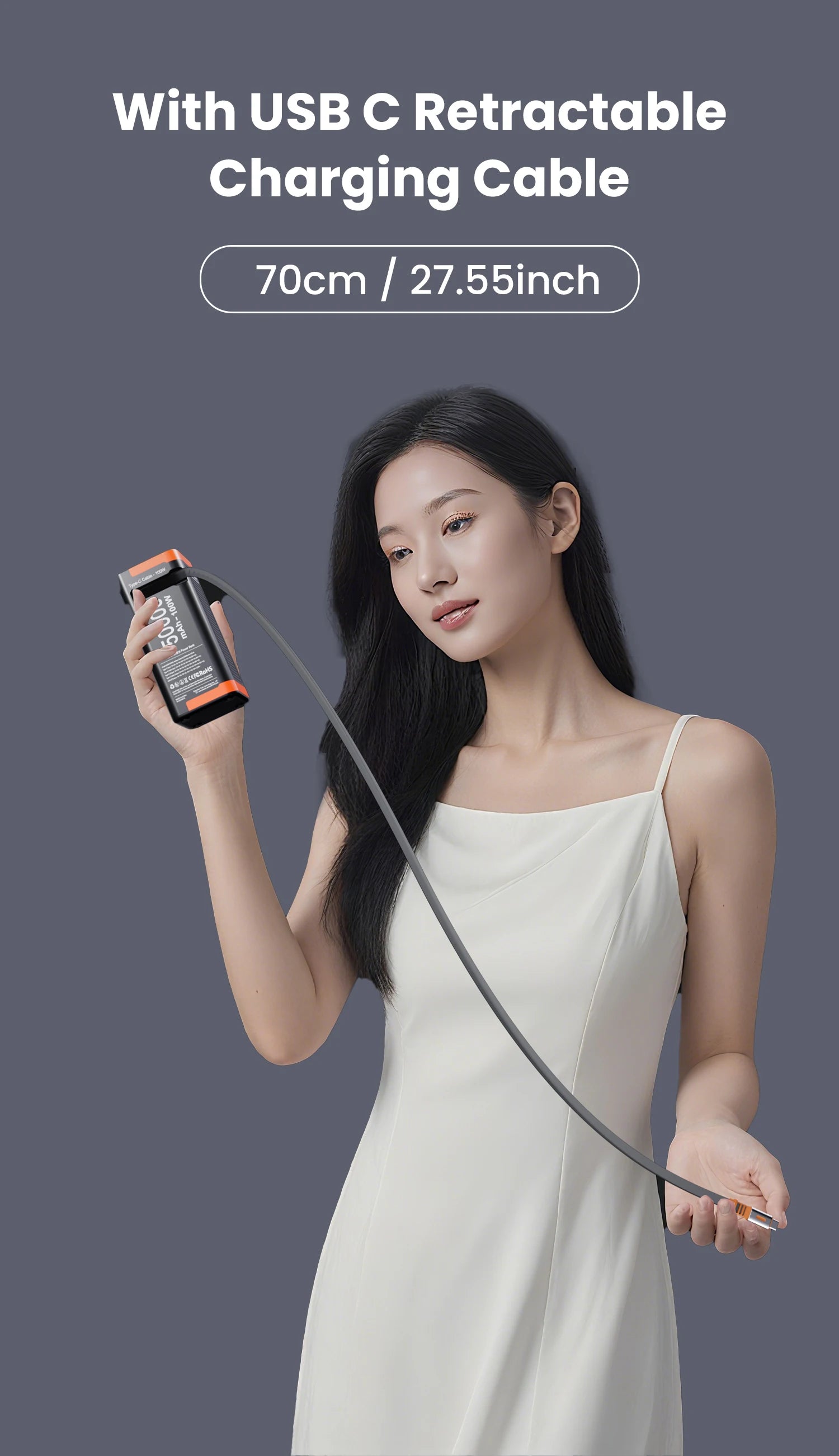 High-Capacity 50000mAh Power Bank – 100W PD PPS Fast Charging with Type-C Built-in Cable for Phones & Laptops