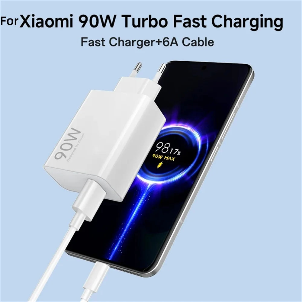 90W Turbo Fast USB Charger Adapter with 6A Type-C Cable for Xiaomi 15 14 13 12 11 10 Ultra, Redmi Note 12T 13 Pro