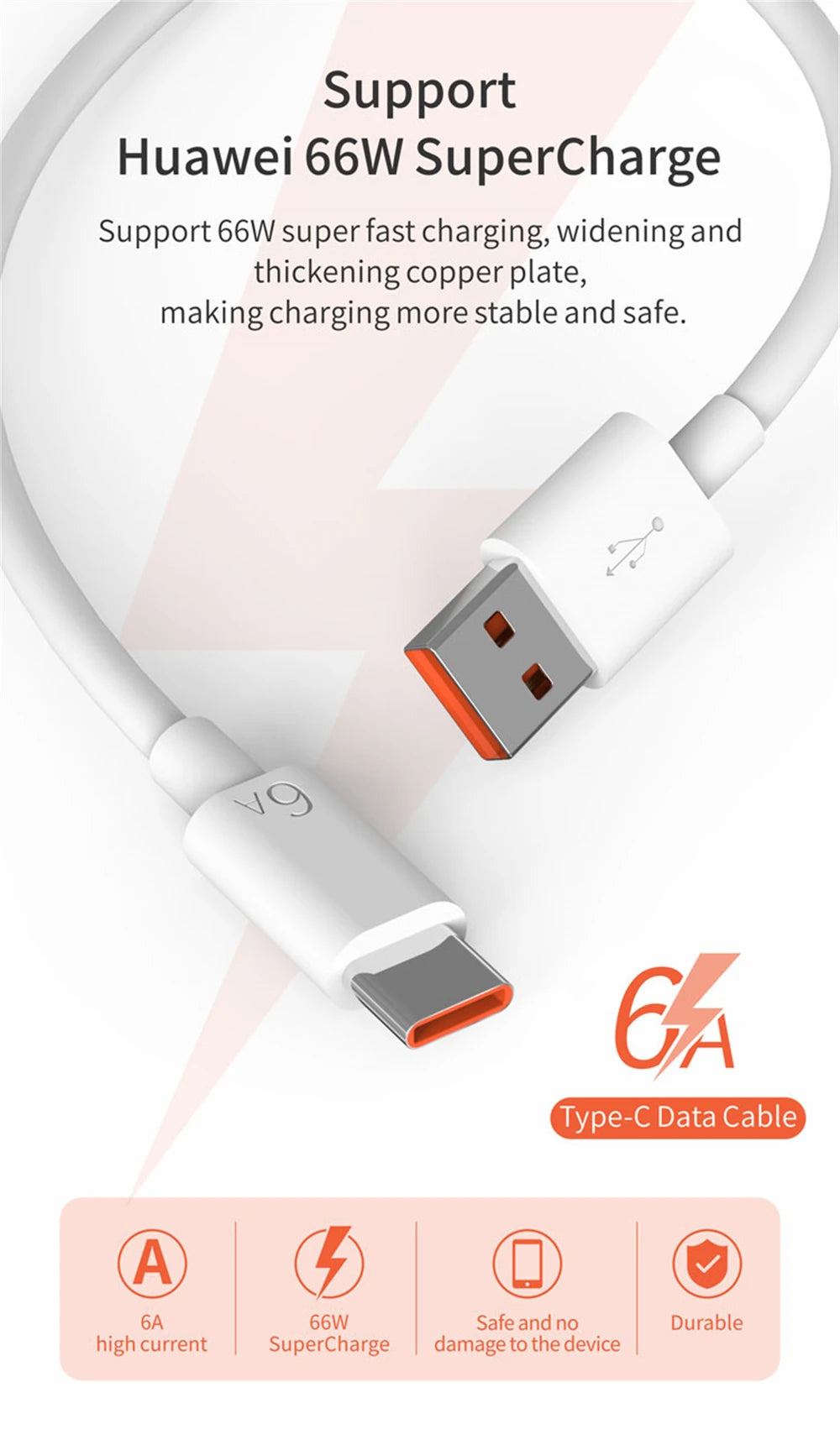 66W USB Fast Charger Quick Charge 3.0 EU Plug Adapter with 6A Type-C Cable for Huawei Mate 50 60, Nova 10, Honor 100, Magic 5