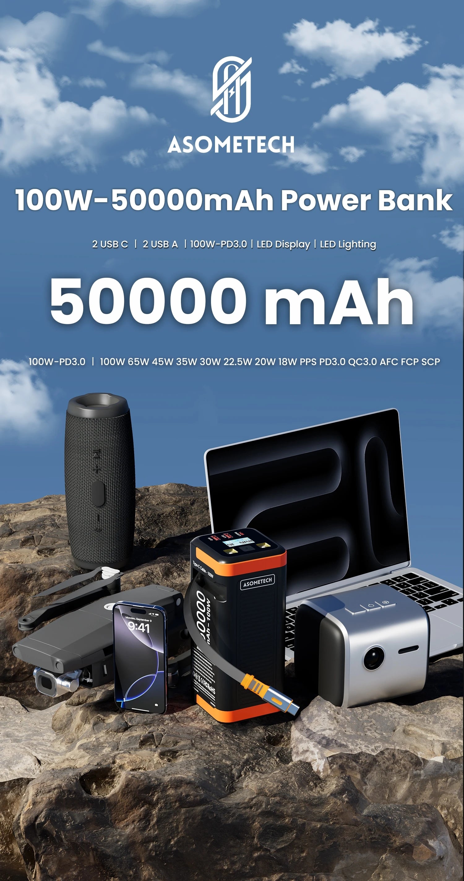 High-Capacity 50000mAh Power Bank – 100W PD PPS Fast Charging with Type-C Built-in Cable for Phones & Laptops
