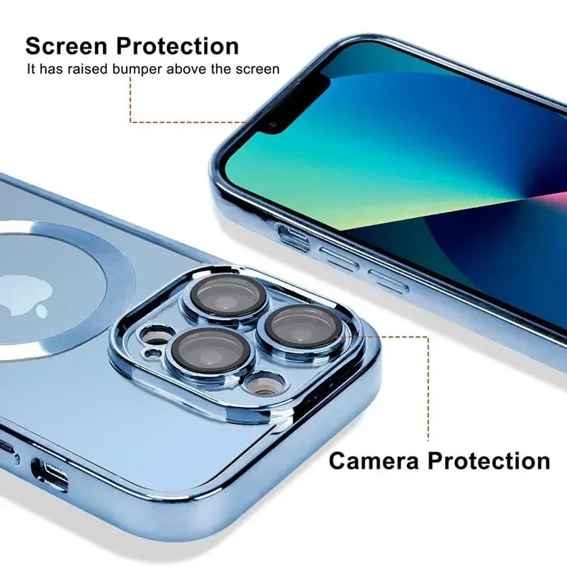 Plated MagSafe Magnetic Case for iPhone 12–17 Pro Max, Plus & Air, Wireless Charging Cover with Camera Lens Protector