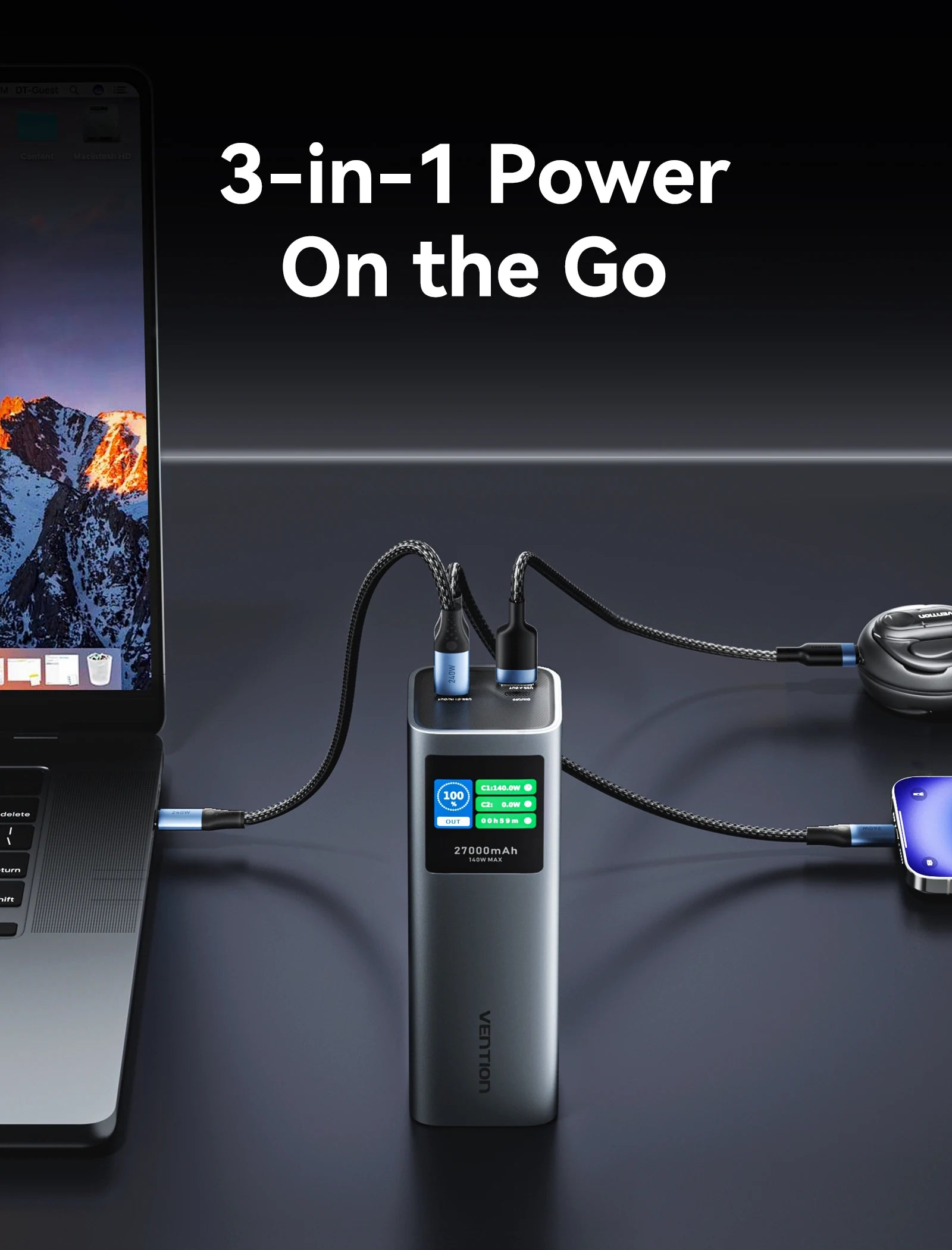 Vention 140W 27000mAh Power Bank – Portable PD External Battery for MacBook, iPad, iPhone, Laptop, Xiaomi