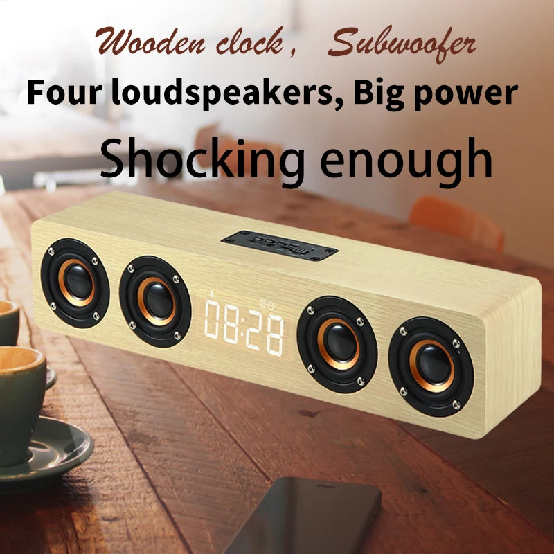 Wireless Bluetooth 5.0 Speaker – Wooden Sound System with Alarm Clock Display, AUX, TF/FM Radio & Subwoofer for Computers