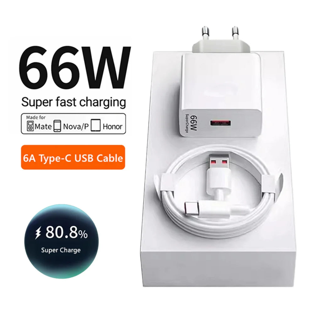 66W USB Fast Charger Quick Charge 3.0 EU Plug Adapter with 6A Type-C Cable for Huawei Mate 50 60, Nova 10, Honor 100, Magic 5