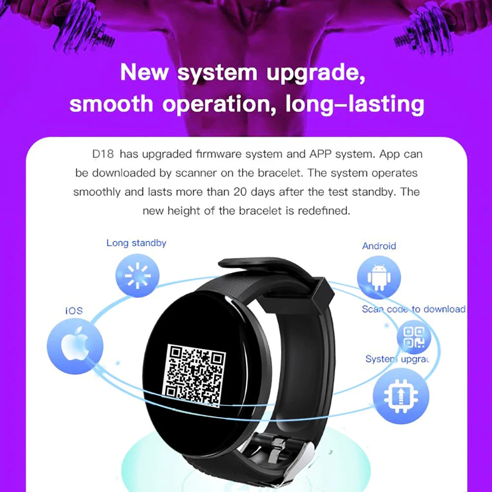 D18 Smart Watch for Men & Women – Waterproof Fitness Tracker with Blood Pressure & Heart Rate Monitor for Android & iOS
