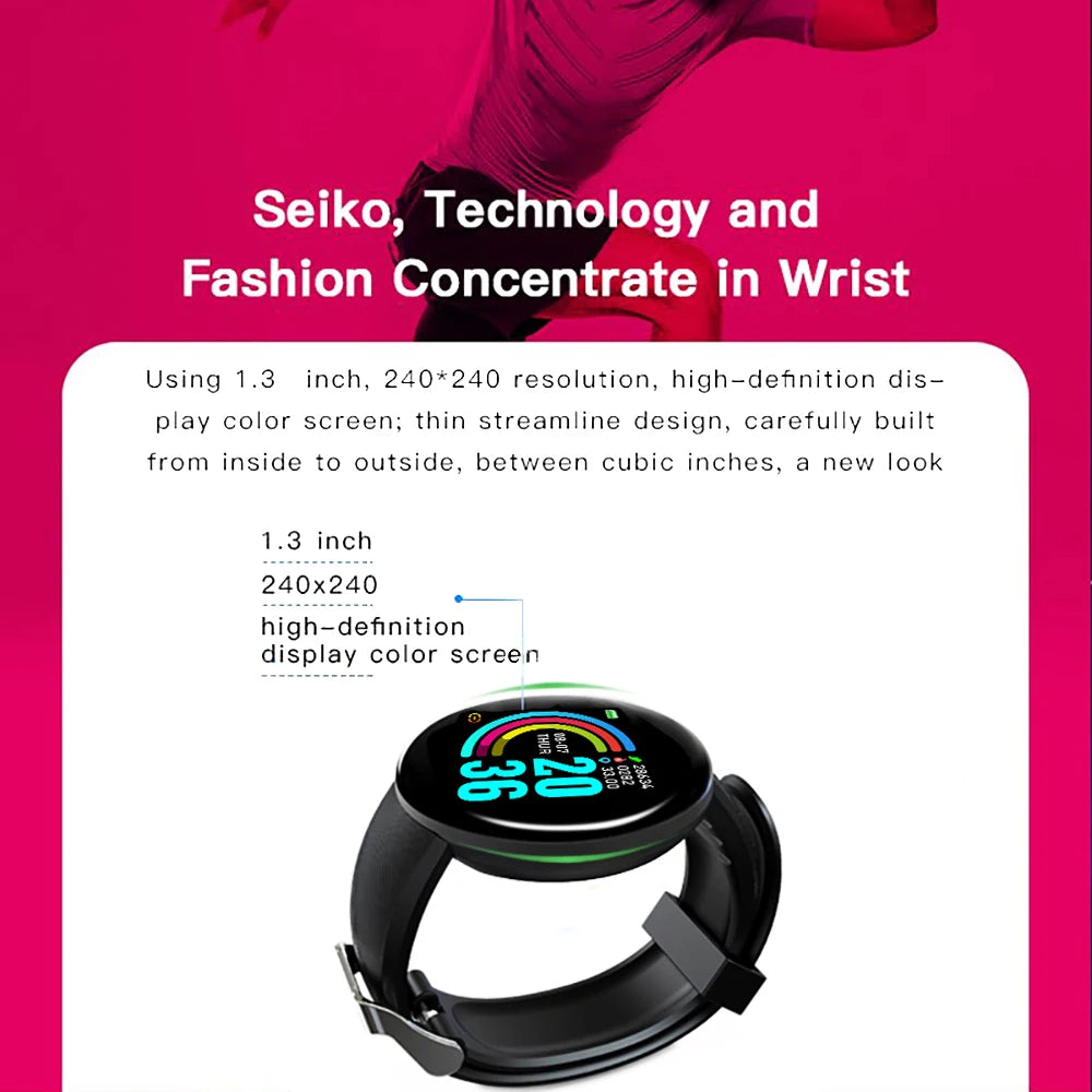 D18 Smart Watch for Men & Women – Waterproof Fitness Tracker with Blood Pressure & Heart Rate Monitor for Android & iOS