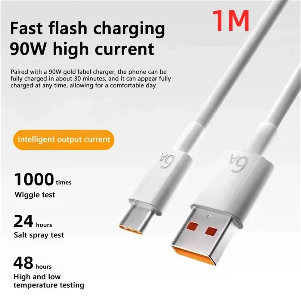 90W Turbo Fast USB Charger Adapter with 6A Type-C Cable for Xiaomi 15 14 13 12 11 10 Ultra, Redmi Note 12T 13 Pro
