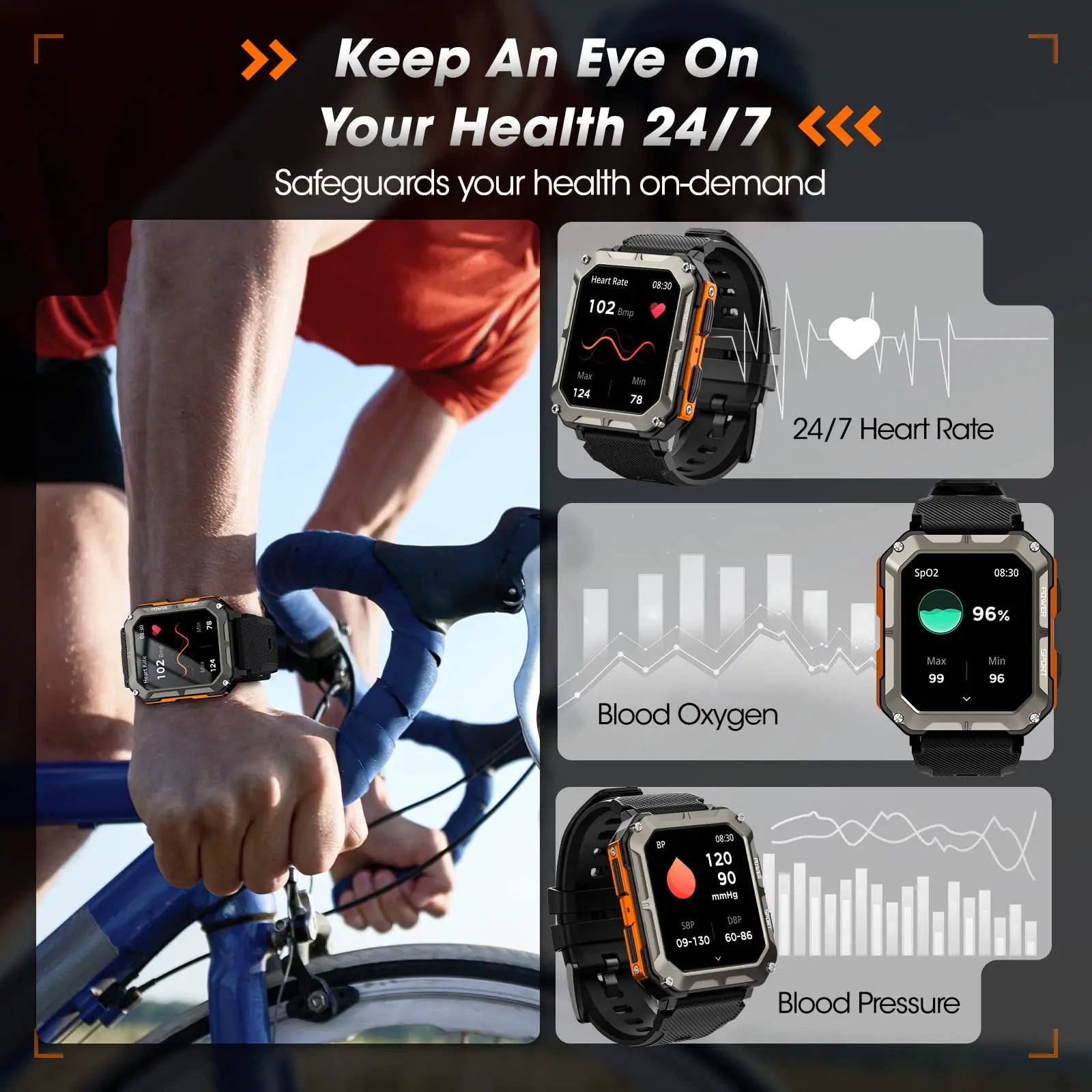 Men’s Smart Watch – Blood Pressure Monitor Tactical Smartwatch, Waterproof Fitness Tracker for Android & iPhone Outdoor Sports