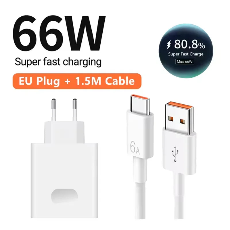 66W USB Fast Charger Quick Charge 3.0 EU Plug Adapter with 6A Type-C Cable for Huawei Mate 50 60, Nova 10, Honor 100, Magic 5