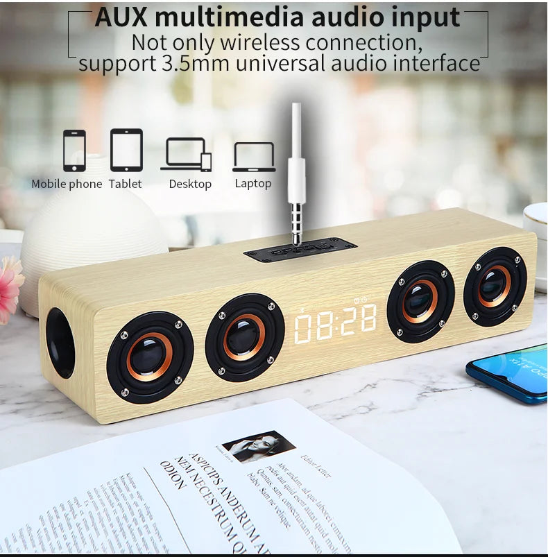 Wireless Bluetooth 5.0 Speaker – Wooden Sound System with Alarm Clock Display, AUX, TF/FM Radio & Subwoofer for Computers