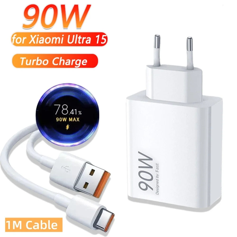 90W Turbo Fast USB Charger Adapter with 6A Type-C Cable for Xiaomi 15 14 13 12 11 10 Ultra, Redmi Note 12T 13 Pro